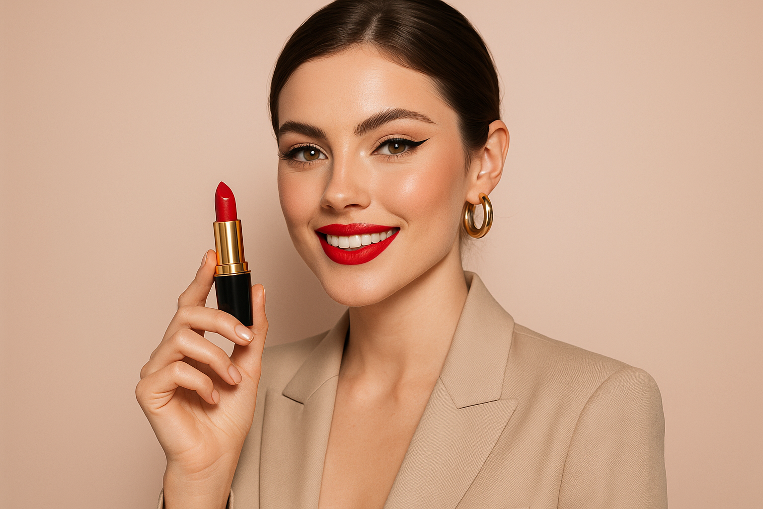 A stylish young woman holding a lipstick, smiling confidently, with modern fashion-inspired makeup, soft pastel background, luxury beauty brand campaign style.