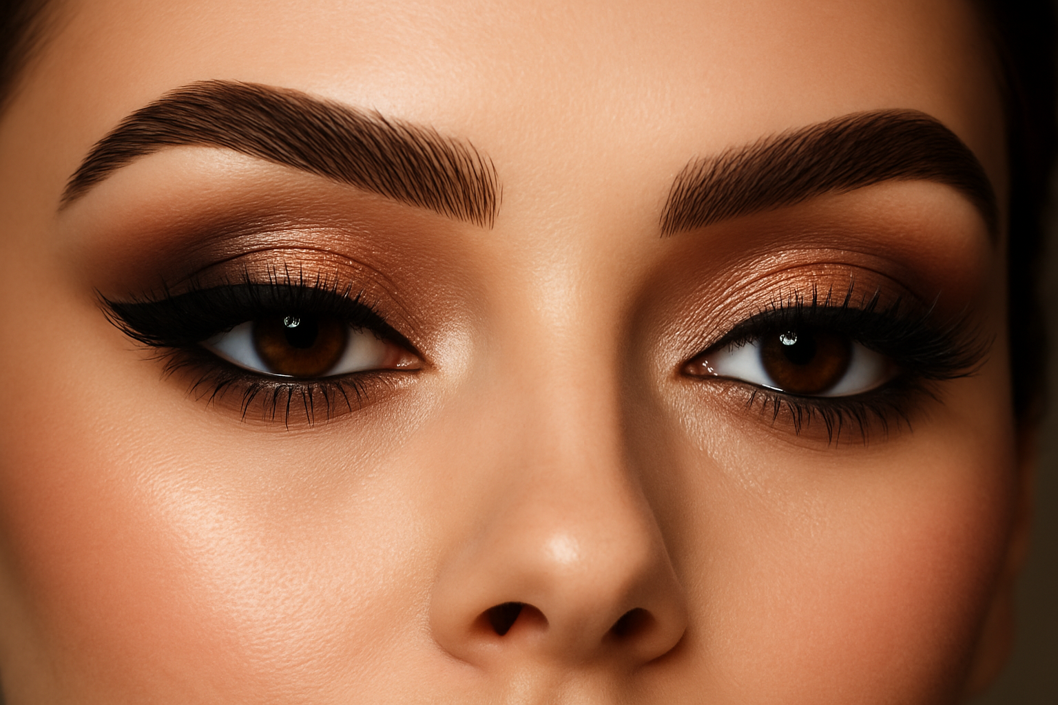 Close-up of a woman’s eyes with perfectly shaped eyebrows and glamorous eye makeup, high-definition beauty shot, soft lighting, luxury cosmetics advertisement style.